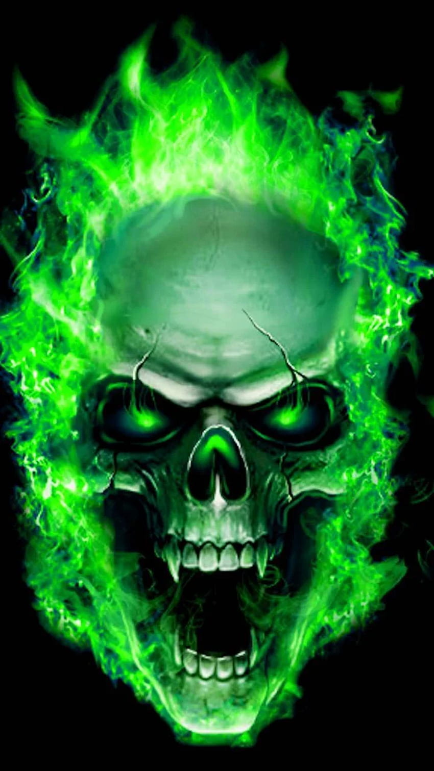 Зелен огнен череп, черен и зелен череп HD тапет за телефон