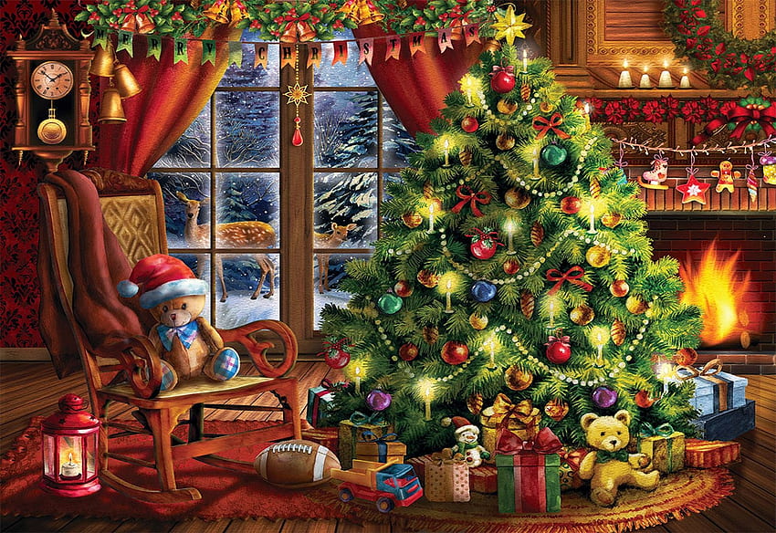 クリスマスの思い出、キャンドル、ツリー、絵画、窓、装飾、煙突 高画質の壁紙