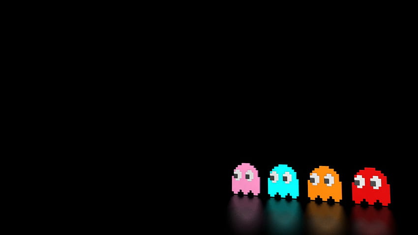 Pacman - Ghosts, ghosts, black background, pacman, blinky, pixels, inky, reflections, pinky, clyde HD wallpaper