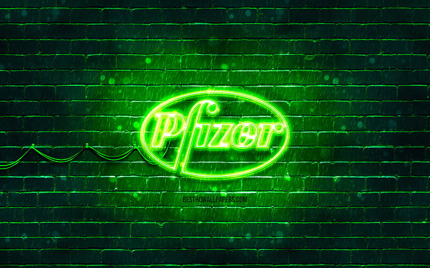 Зелено лого на Pfizer, , зелена тухлена стена, лого на Pfizer, Covid-19, Коронавирус, неоново лого на Pfizer, ваксина срещу Covid, Pfizer HD тапет
