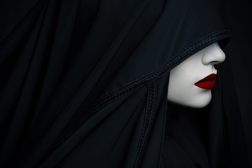 Modelo feminino olhando para longe retrato batom vermelho preto, lábios preto e branco papel de parede HD
