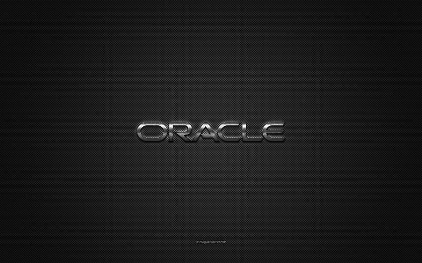 โลโก้ Oracle, โลโก้สีเงินแวววาว, สัญลักษณ์โลหะ Oracle, พื้นผิวคาร์บอนไฟเบอร์สีเทา, Oracle, แบรนด์, งานศิลปะสร้างสรรค์, สัญลักษณ์ Oracle วอลล์เปเปอร์ HD
