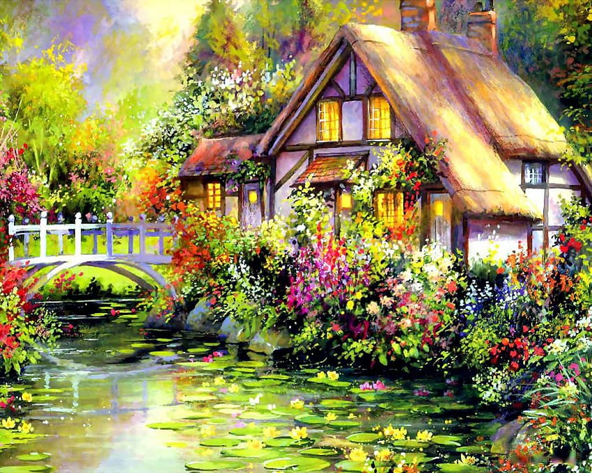 House, painting, garden, nature, oil HD wallpaper