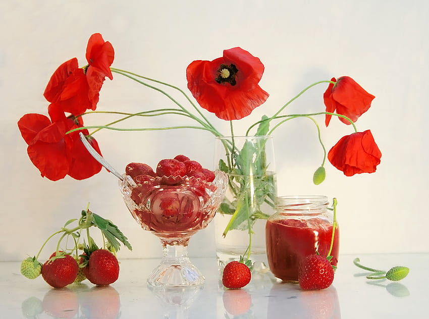 still life 1, art , table, red flowers, vase, nice, red fruits, still life, glass, red juice, nature, water HD wallpaper