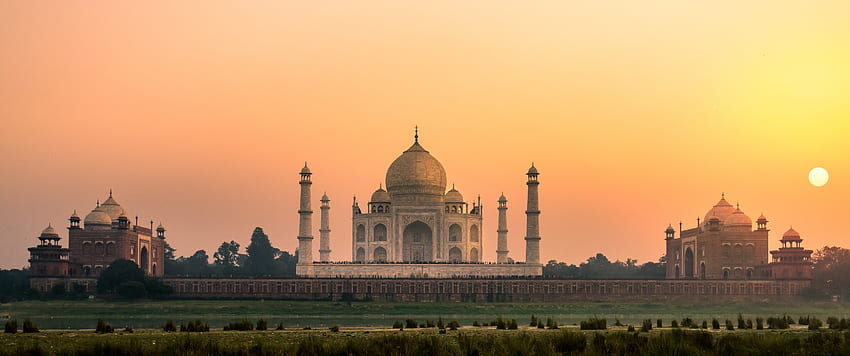 Taj Mahal , Indie, Zachód Słońca, Pomarańczowe niebo, Cuda Świata, Świat, Taj Mahal Zachód Słońca Tapeta HD