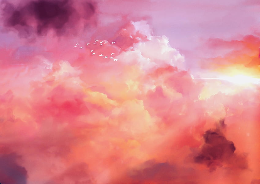 Burung, Langit, Seni, Merah Muda, Kawanan Wallpaper HD