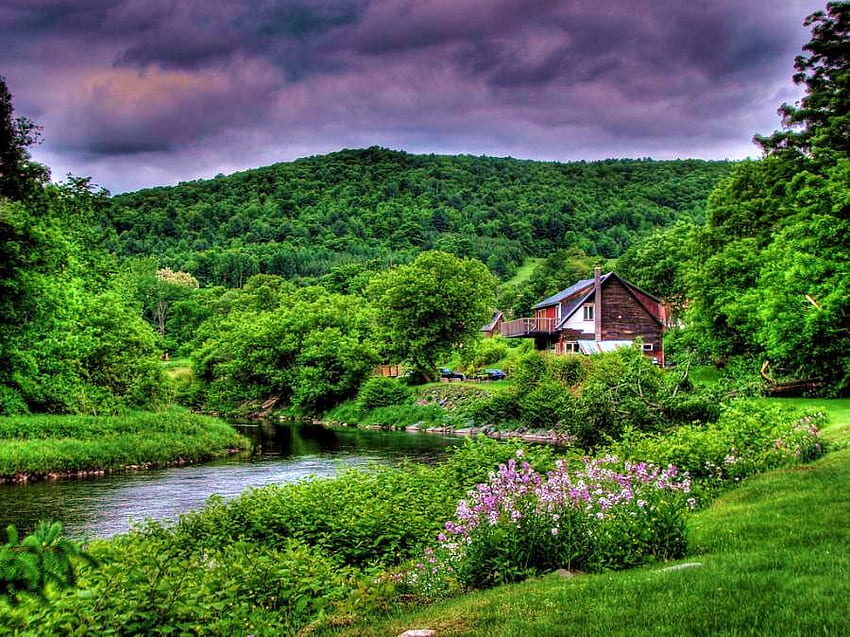 Lost in the green, river, isolated, hills, house, bushes, clouds, flowers, tree HD wallpaper