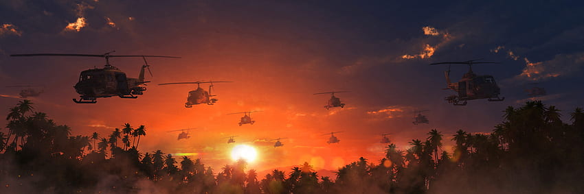 、ベトナム戦争、ヘリコプター、絵画、日の出と日没、空、太陽。 モカ 高画質の壁紙