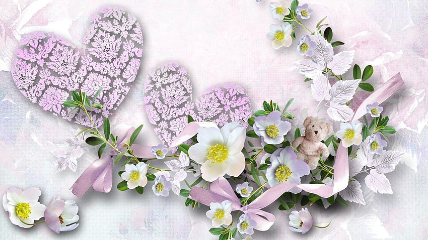 Heart Shaped Flowers And Teddy Bear . Love. HD wallpaper