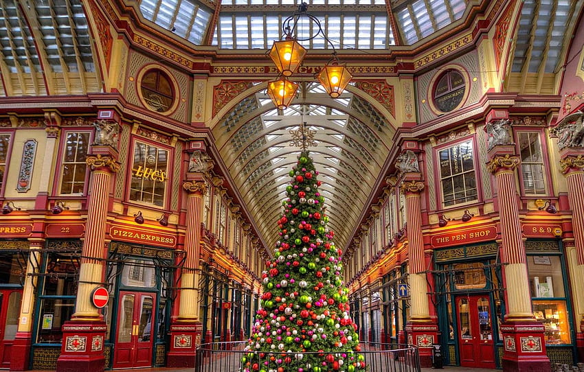 decoration, holiday, balls, England, London, tree, Christmas, Leadenhall Market, passage for , section интерьеÑ, Christmas In London HD wallpaper