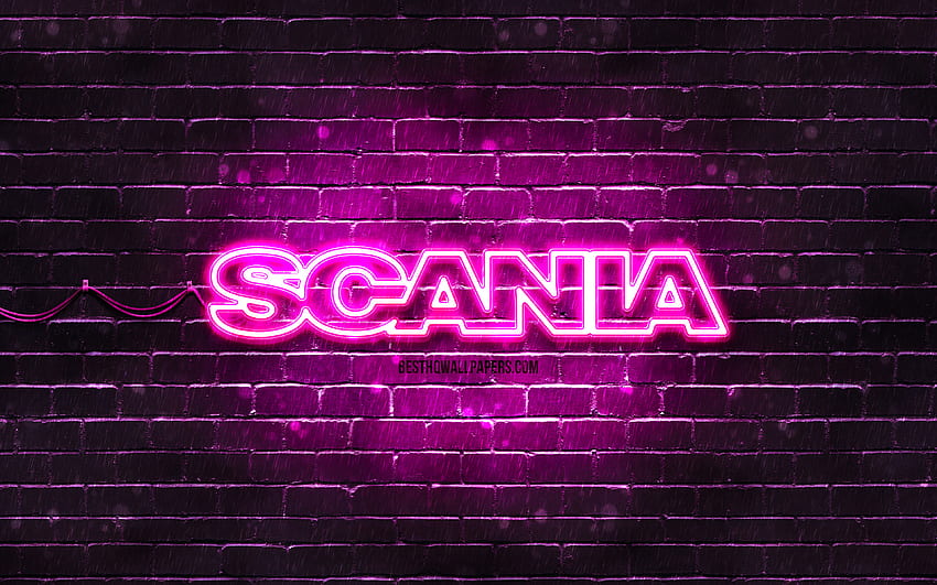 Logotipo púrpura de Scania, pared de ladrillo púrpura, logotipo de Scania, marcas, logotipo de neón de Scania, Scania fondo de pantalla