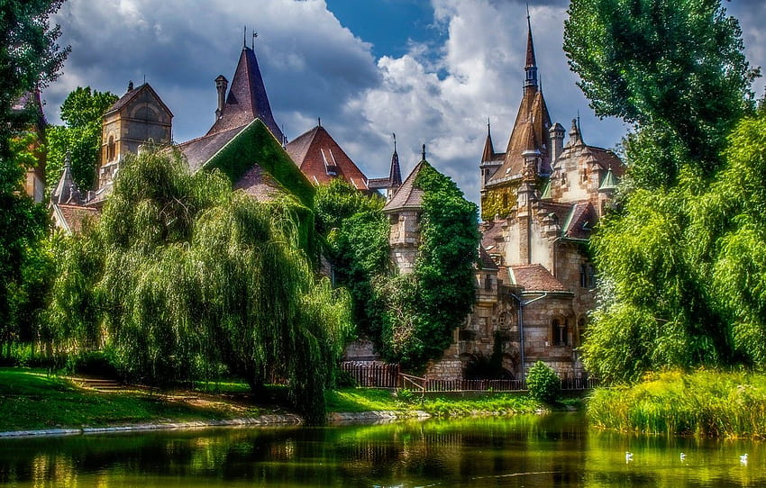 greens, clouds, trees, pond, castle, R, Sunny, Hungary, Budapest, Vajdahunyad, Vajdahunyad Castle for , section город, Hungarian Landscape HD wallpaper