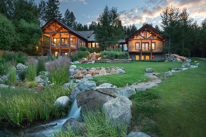 Jackson Hole Real Estate, Wyoming, teton, sungai kecil, rumah, lanskap, pepohonan, pegunungan Wallpaper HD