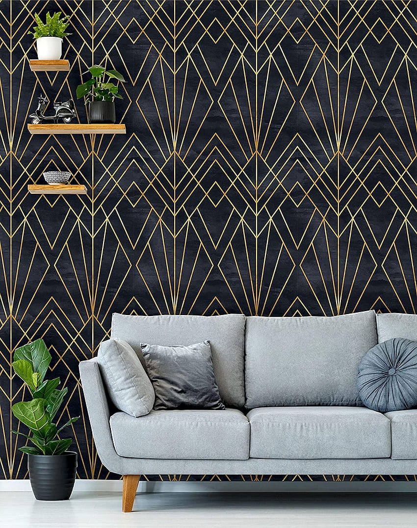 Peel 'n Stick removível , mural de parede autoadesivo, padrão geométrico preto e dourado, fundo preto aquarela • Art Deco (amostra 6 x 8), arte geométrica Papel de parede de celular HD