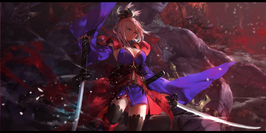 Miyamoto Musashi, blue, sweet, sword, cute, girl, beautiful, beauty, woman, anime girl, kawaii, lady, anime, red, blonde hair, warrior, female HD wallpaper