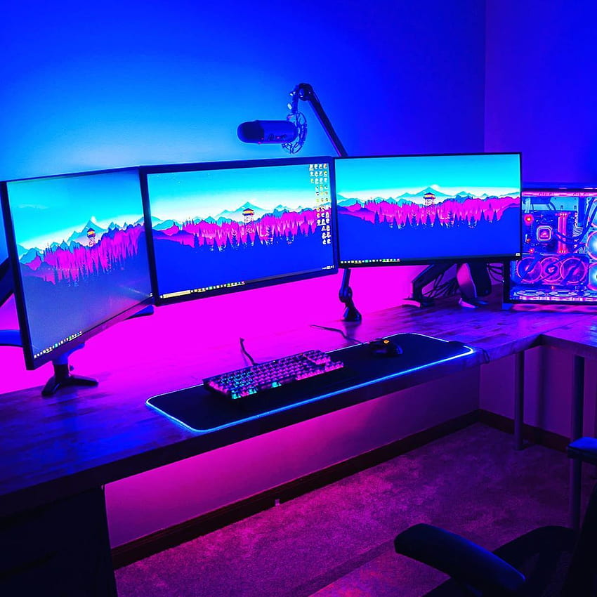 Wow absolutely gorgeous all pink blue and purple themed dream setup! The matching of all the and l. Video game rooms, Game room kids, Best gaming setup HD phone wallpaper