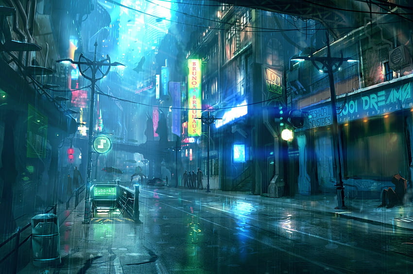 Cyberpunk, Futuristic, City, Raining, Street, Lights, People, Sci Fi For Chromebook Pixel Maiden HD wallpaper