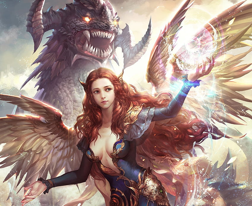 Angel and dragon, fantasy, dragon, angel, girl, kdash, k dash HD wallpaper