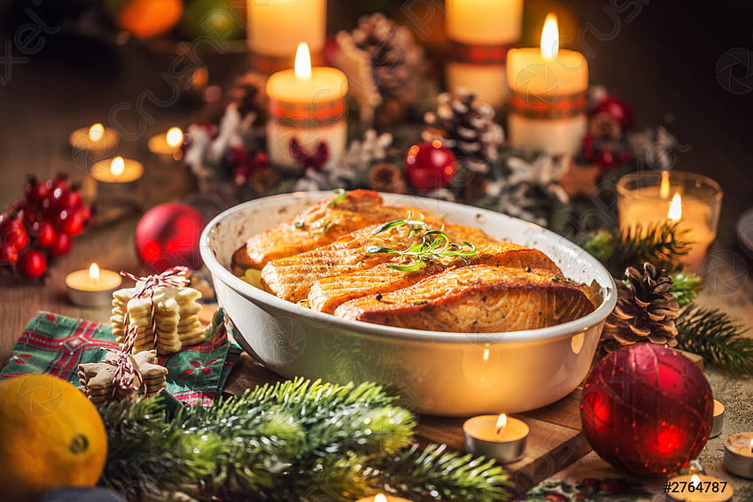 Christmas dinner from fish salmon in roasting dish with festive - stock 2764787, Holiday Dinner HD wallpaper