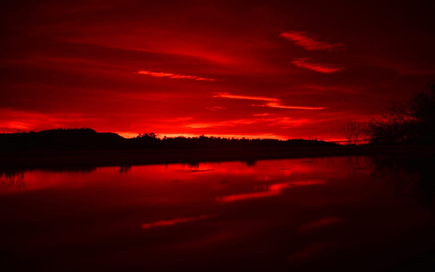 Cielo rojo de noche, árboles, cielo, naturaleza, bosque, lago, reflejo, rojo, nubes fondo de pantalla