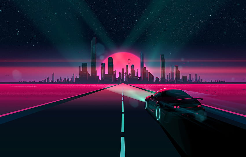 Sunset, The sun, Auto, Road, Music, The city, Stars, Machine, Style, Background, Fantasy, 80s, Style, Neon, Illustration, 80's for , section рендеринг HD wallpaper