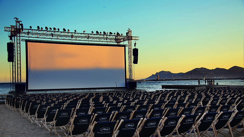 France, Cannes film festival, sea, screen, chairs HD wallpaper