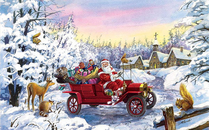 Thoroughly Modern Santa, artwork, snow, christmas, deer, car, houses ...