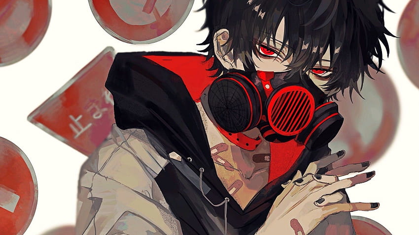 アニメの少年、防毒マスク、赤目、黒髪 高画質の壁紙