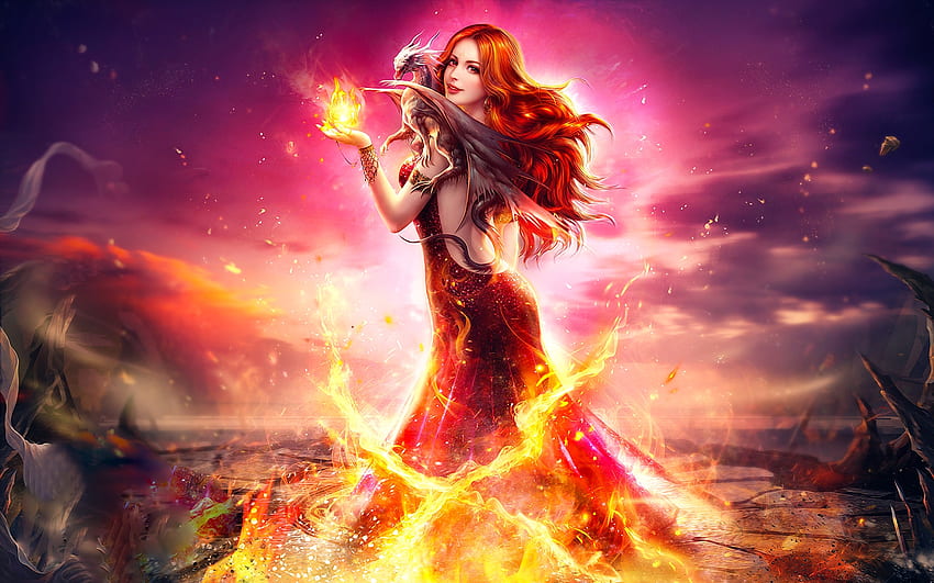 Fire and Dragon, asian, art, girl, beautiful, woman, digital, fantasy, pretty, dragon, fire HD wallpaper