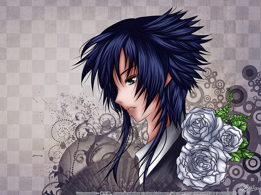 Blue Blossom, blue, original art work, white, anime, flowers, guy HD wallpaper