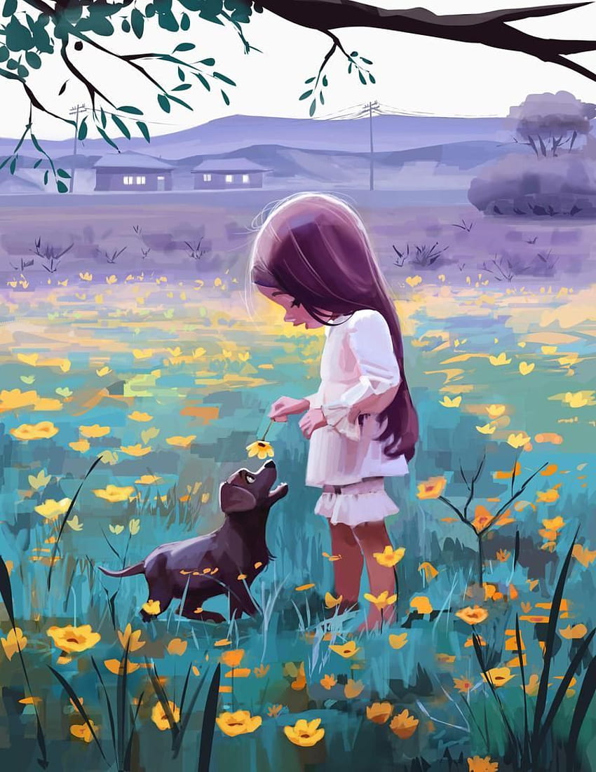 Tag. Mädchen, Hund, Blumen, Haustier, süß für , Tag für , Handys downloa. Verträumte Kunst, Illustrationskunst, Illustrationskunstmädchen, niedlicher Welpen-Anime HD-Handy-Hintergrundbild