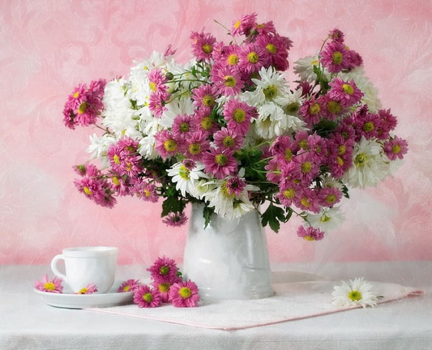 Tea Time, tea, daisies, nice, delicate, table, white, vase, glyn, cup, still life, pink, pretty, red, flowers, lovely, harmony HD wallpaper