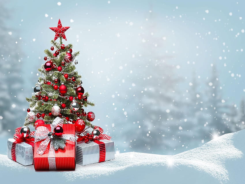 Merry Christmas, winter, snow, ornaments, trees, gifts HD wallpaper