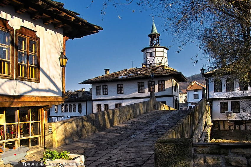 Triavna 町、古い、建築、グラフィック、ブルガリア、橋、美しい家 高画質の壁紙