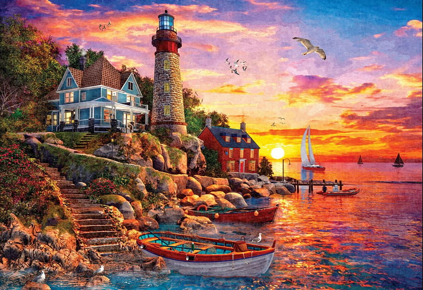 The Gorgeous Sunset, boats, artwork, sea, digital, lighthouse, cottage, cliff HD wallpaper