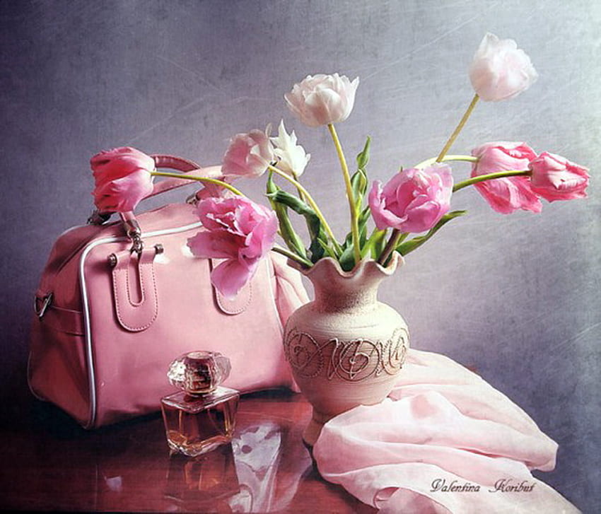 สีชมพู โต๊ะ ชมพู ขาว แจกัน กระเป๋าเงิน ดอกไม้ วอลล์เปเปอร์ HD