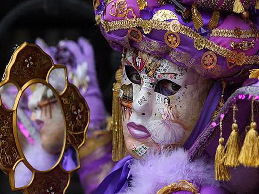 mirror, purple, venice, mask, carnival HD wallpaper