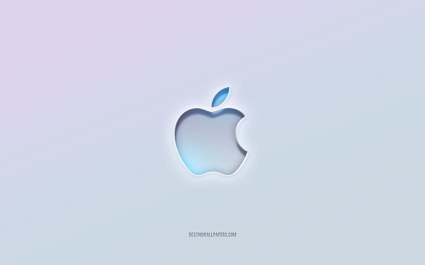 Лого на Apple, изрязан 3d текст, бял фон, лого на Apple 3d, емблема на Apple, Apple, релефно лого, емблема на Apple 3d HD тапет