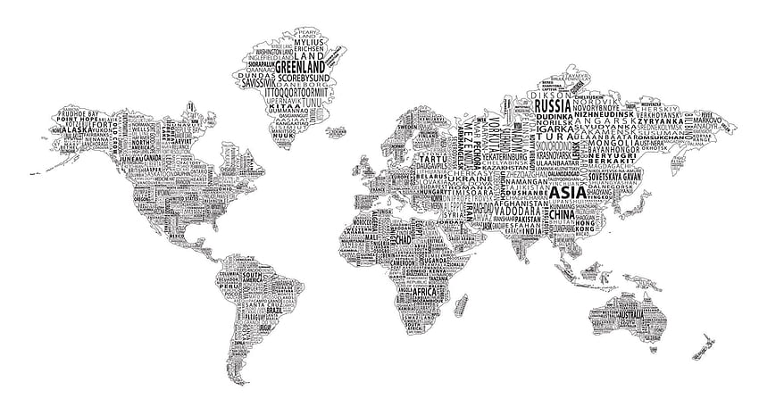 Carta da parati con mappa del mondo con testo nero su, mappa del mondo in bianco e nero Sfondo HD