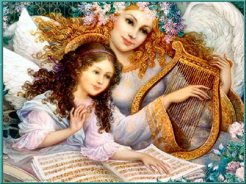 Wielkanocny anioł, muzyka, wielkanoc, anioł, śliczny, dziecko, harfa Tapeta HD