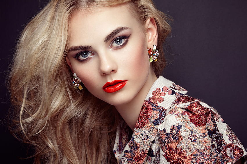 Blonde, red lips, model, blue eyes, eyes, girl HD wallpaper