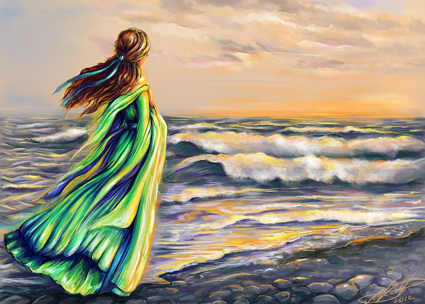 Guardando il tramonto, le onde, il tramonto, l'acqua, la donna Sfondo HD