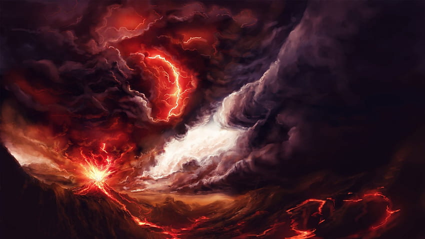 art, Volcano, Explosion, Fire, Smoke, Mountains, Lightning, Storm HD wallpaper
