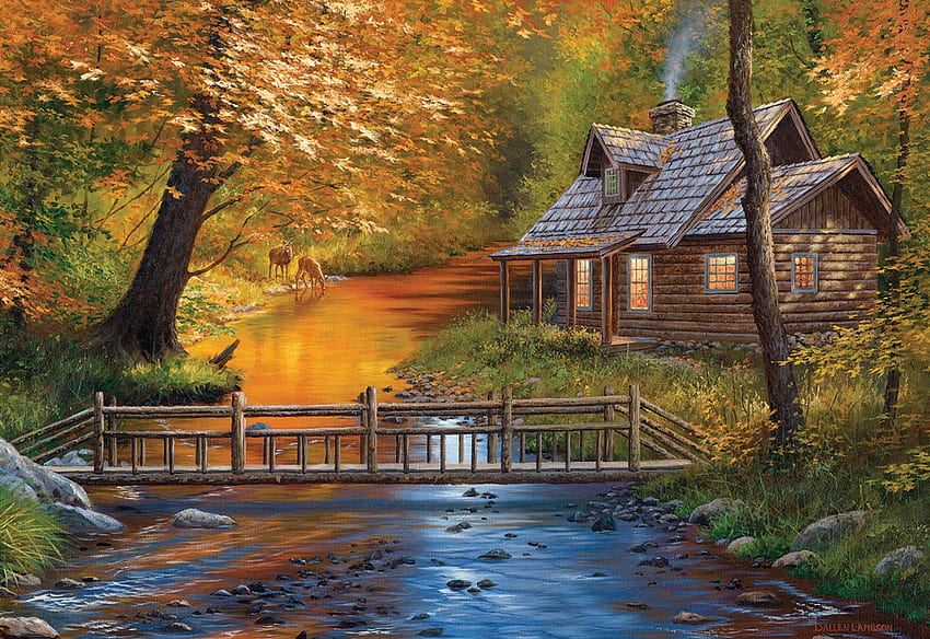 Creekside Neighbors, artwork, river, deer, trees, bridge, autumn, forest, cabin, painting HD wallpaper