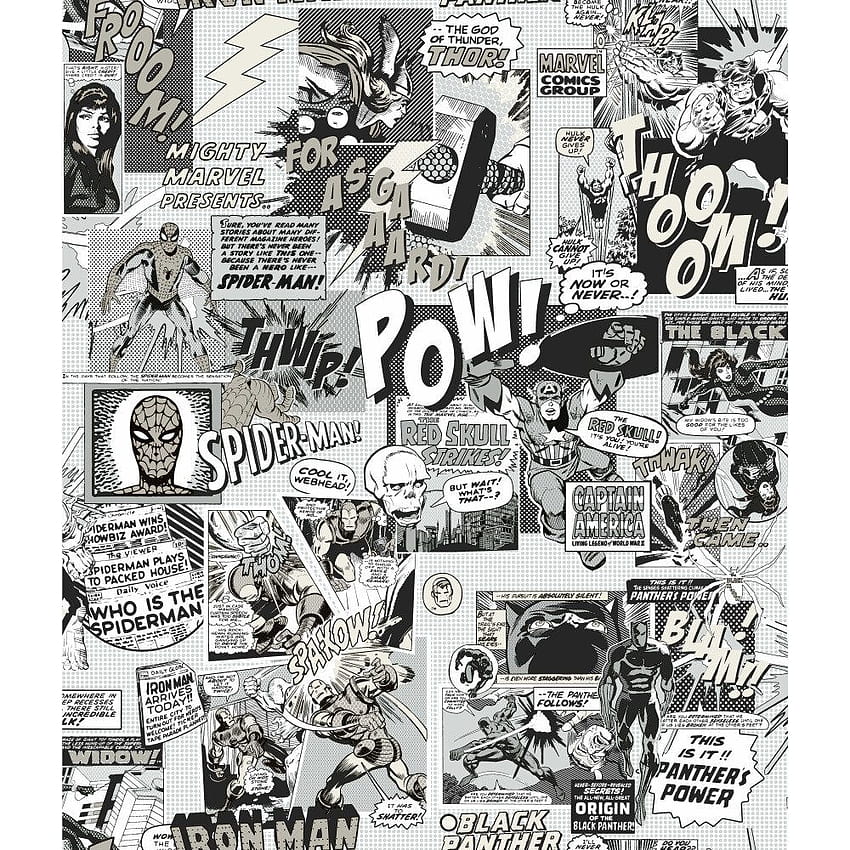 York Wallcoverings Marvel Comics Pow! 33' C x 20,5 L Rolo e comentários, quadrinho preto e branco Papel de parede de celular HD