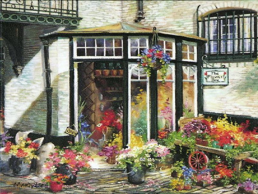 The Flower Box, pintura, cesta suspensa, janelas, entrada, floricultura, vidro, flores, vasos papel de parede HD