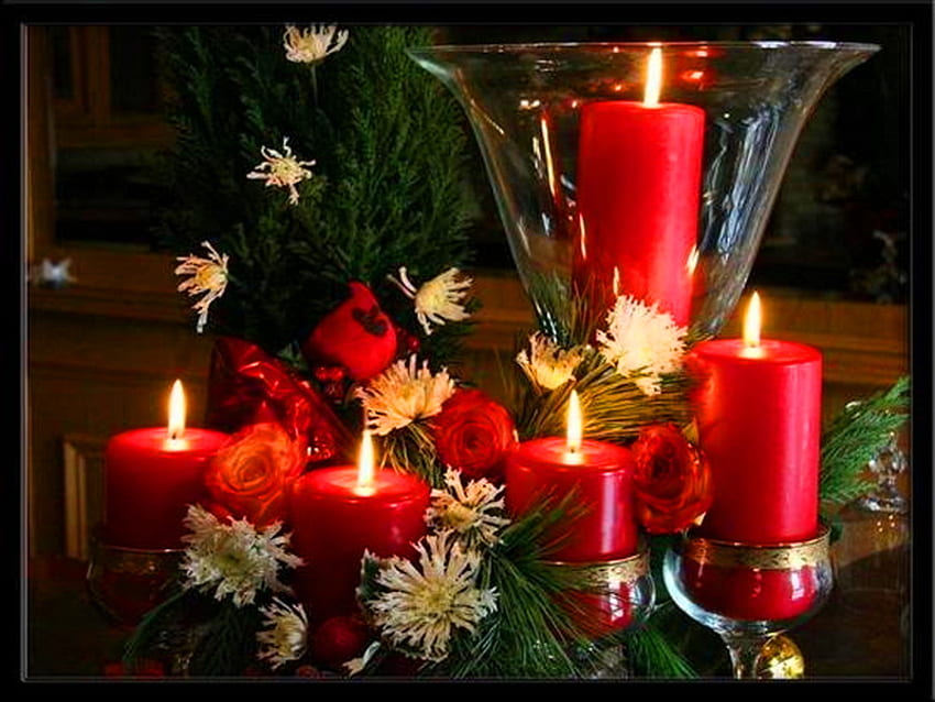 Christmas red, roses, christmas, decorations, glass, candles, arrangement HD wallpaper