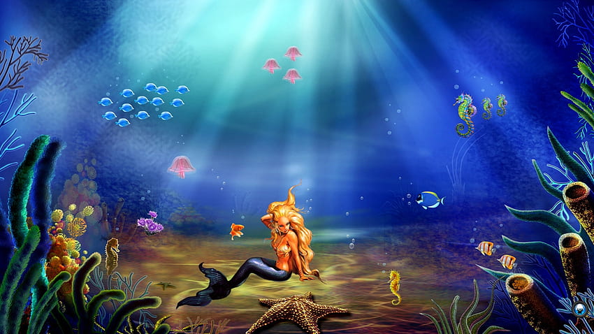 Подводна принцеса, морска звезда, русалка, блондинка, водорасли, морско конче, медуза, риба, carmencitazapacita HD тапет