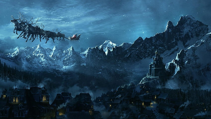 christmas sleigh, sleigh, reindeer, christmas, castle, village, mountain HD wallpaper