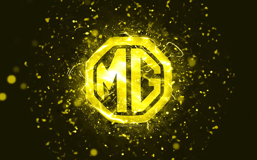 Logotipo amarillo de MG, luces de neón amarillas, creativo, abstracto amarillo, logotipo de MG, marcas de automóviles, MG fondo de pantalla